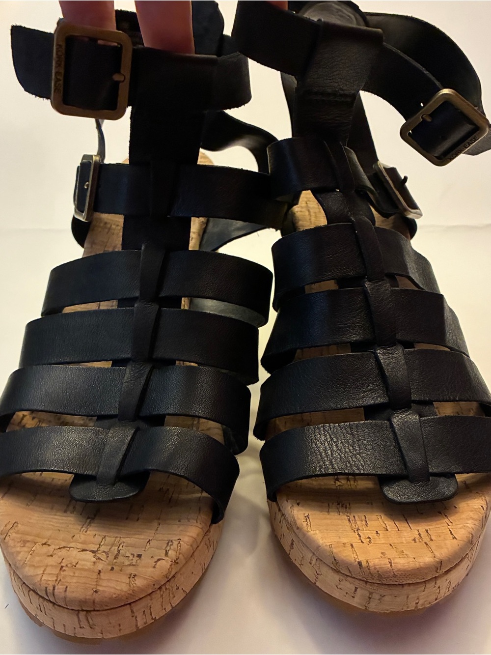 Kork-Ease Black Leather Strappy Cork Wedge Sandals with Buckles
